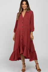 Rust Button Down Hi-Low Maternity Midi Dress