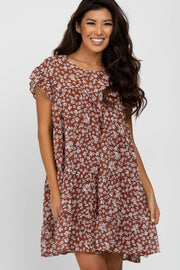 Rust Floral Chiffon Tiered Dress