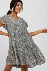 Grey Floral Chiffon Tiered Dress