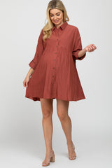 Rust Button Front Collared Maternity Dress