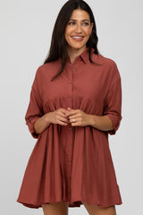 Rust Button Front Collared Maternity Dress