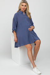 Blue Button Front Collared Maternity Dress