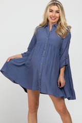 Blue Button Front Collared Maternity Dress