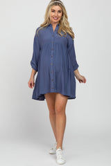 Blue Button Front Collared Maternity Dress