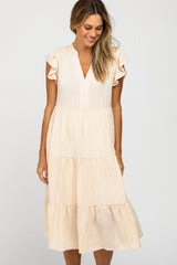 Cream Tiered Ruffle Sleeve Midi Dress