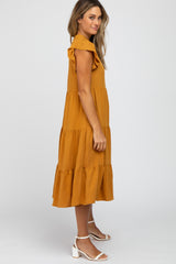 Camel Tiered Ruffle Sleeve Midi Dress