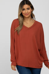 Rust V-Neck Long Sleeve Top