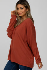 Rust V-Neck Long Sleeve Top