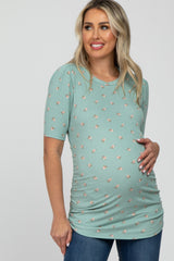 Mint Green Floral Print Ruched Maternity Top