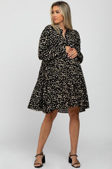 Black Animal Print Collared Button Front Maternity Dress