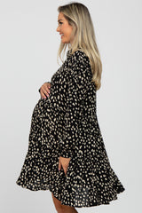 Black Animal Print Collared Button Front Maternity Dress