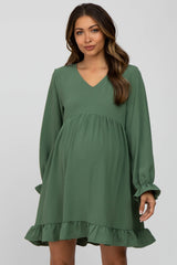 Green Ruffle Trim Long Sleeve Maternity Dress