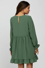 Green Ruffle Trim Long Sleeve Maternity Dress