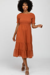 Rust Swiss Dot Smocked Midi Dress