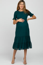 Teal Swiss Dot Smocked Maternity Midi Dress