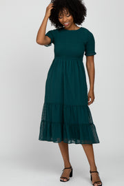 Teal Swiss Dot Smocked Midi Dress