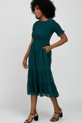 Teal Swiss Dot Smocked Midi Dress