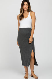 Charcoal Ribbed Button Front Side Slit Maternity Midi Skirt