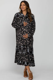 Black Floral Button Front Maternity Midi Dress