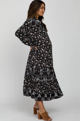 Black Floral Button Front Maternity Midi Dress