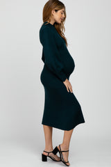 Forest Green Ribbed Mock Neck Bubble Sleeve Maternity Midi Dress