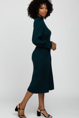 Forest Green Ribbed Mock Neck Bubble Sleeve Midi Dress