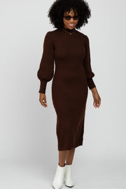 Brown Ribbed Mock Neck Bubble Sleeve Midi Dress