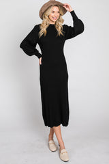 Black Ribbed Mock Neck Bubble Sleeve Midi Dress