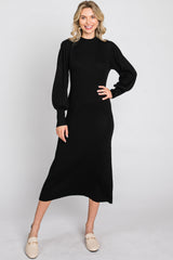 Black Ribbed Mock Neck Bubble Sleeve Midi Dress