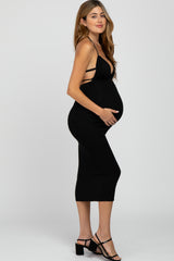 Black Front Cutout Halter Maternity Midi Dress