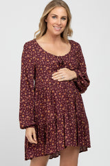 Burgundy Floral Long Sleeve Babydoll Maternity Dress