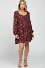 Burgundy Floral Long Sleeve Babydoll Maternity Dress