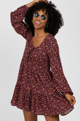 Burgundy Floral Long Sleeve Babydoll Maternity Dress