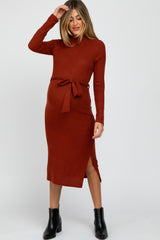 Rust Mock Neck Ribbed Maternity Midi Dress