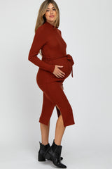 Rust Mock Neck Ribbed Maternity Midi Dress