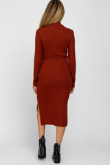 Rust Mock Neck Ribbed Maternity Midi Dress