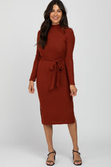 Rust Mock Neck Ribbed Maternity Midi Dress