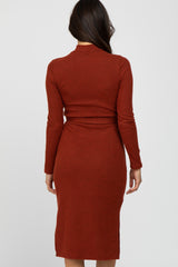 Rust Mock Neck Ribbed Midi Dress