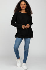 Black Brushed Waffle Knit Long Sleeve Top