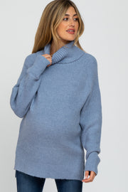 Blue Knit Turtleneck Maternity Sweater