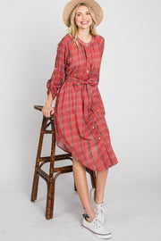 Rust Plaid Button Down Curved Hem Shirt Dress