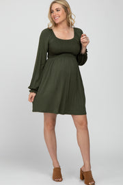 Olive Smocked Front Babydoll Maternity Dress