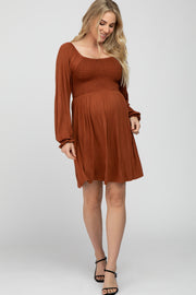 Rust Smocked Front Babydoll Maternity Dress