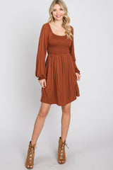 Rust Smocked Front Babydoll Maternity Dress