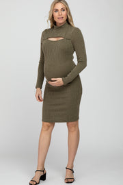 Olive Ribbed Mock Neck Front Cutout Maternity Dress