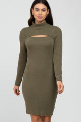 Olive Ribbed Mock Neck Front Cutout Dress