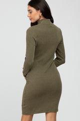 Olive Ribbed Mock Neck Front Cutout Dress