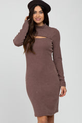 Brown Ribbed Mock Neck Front Cutout Dress