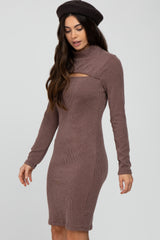 Brown Ribbed Mock Neck Front Cutout Dress