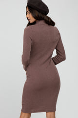 Brown Ribbed Mock Neck Front Cutout Dress